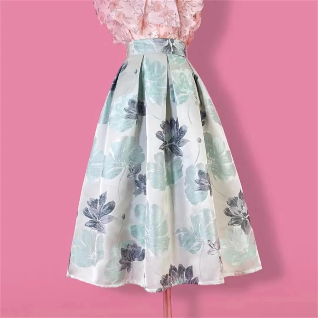 Vsadsau Women Elegant High Waist Skirt Long Pleated Midi Skirt Aesthetic Light Floral Printed Jacquard