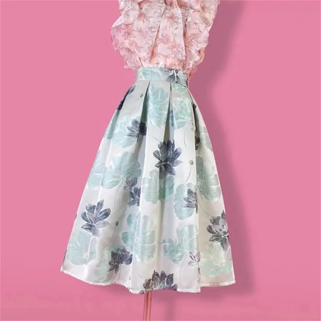 Vsadsau Women Elegant High Waist Skirt Long Pleated Midi Skirt Aesthetic Light Floral Printed Jacquard