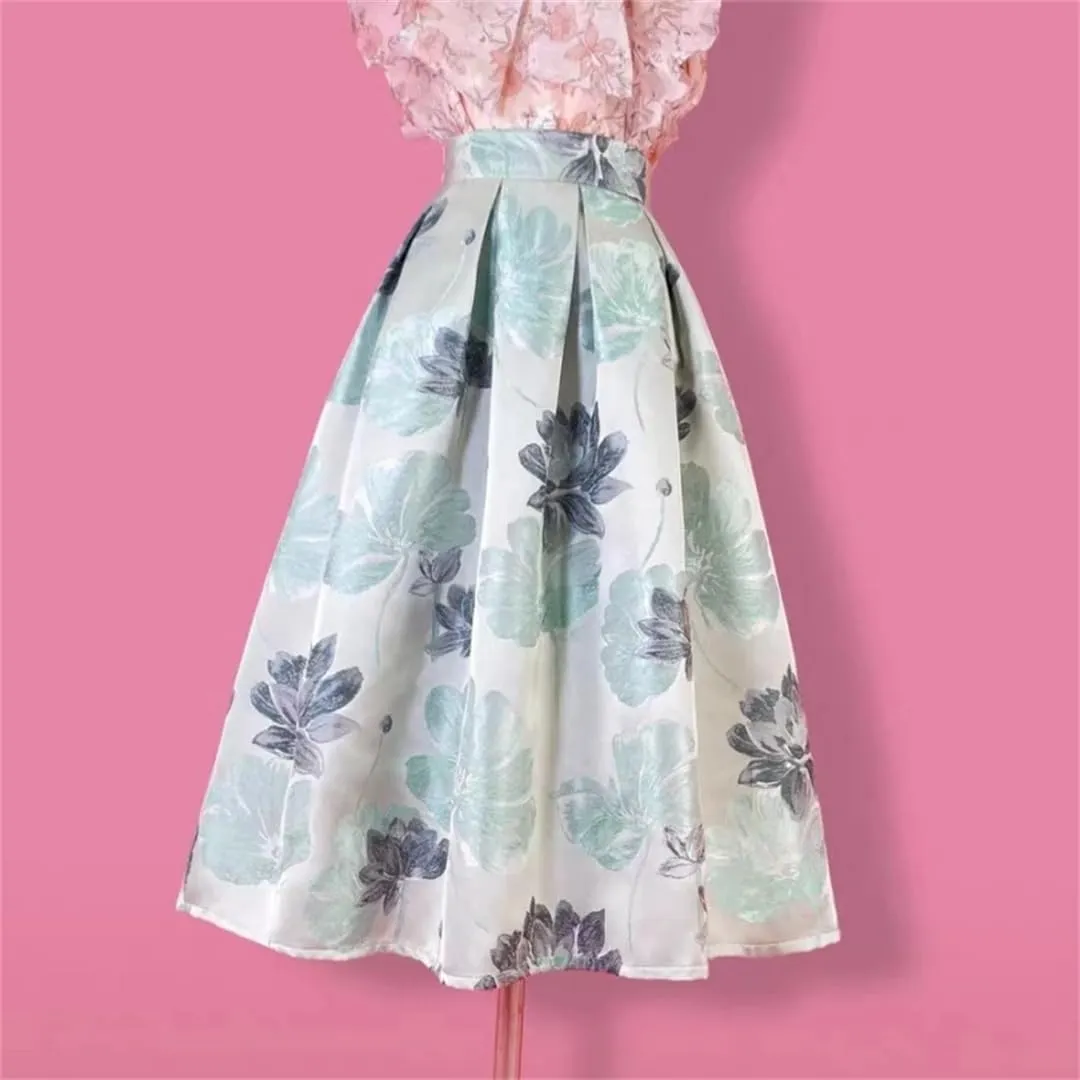 Vsadsau Women Elegant High Waist Skirt Long Pleated Midi Skirt Aesthetic Light Floral Printed Jacquard