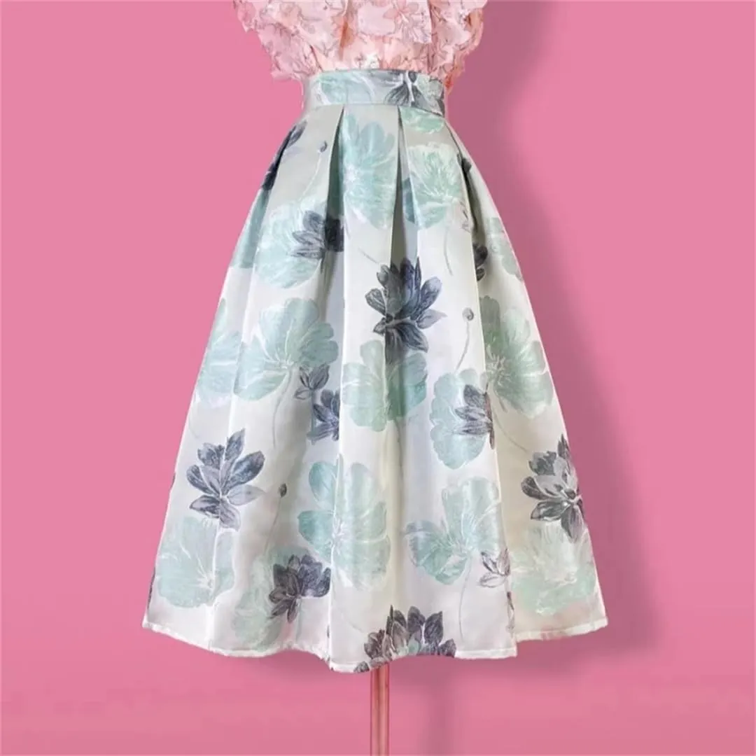 Vsadsau Women Elegant High Waist Skirt Long Pleated Midi Skirt Aesthetic Light Floral Printed Jacquard