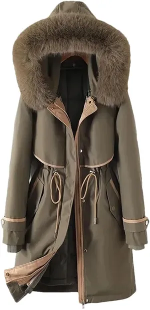 Woman Parker Cotton-Padded Jacket Long Liner Detachable Coat Waist Thick Warm Cotton-Padded Jacket Outwear Army EN8 XL