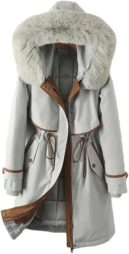 Woman Parker Cotton-Padded Jacket Long Liner Detachable Coat Waist Thick Warm Cotton-Padded Jacket Outwear Baby blue XXL