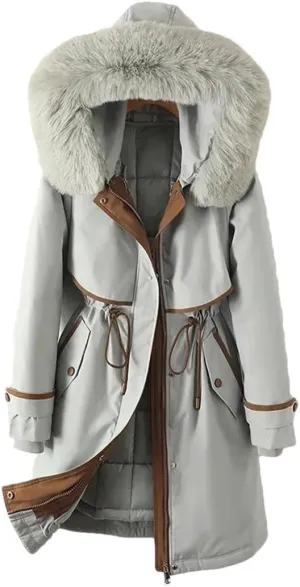 Woman Parker Cotton-Padded Jacket Long Liner Detachable Coat Waist Thick Warm Cotton-Padded Jacket Outwear Baby blue XXL