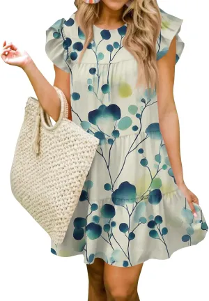 Women Babydoll Summer Casual Crew Neck Ruffle Sleeve Sleeveless Flowy Mini Short Tunic Dress Floral Print Pleated Dress2-Light Blue,Small