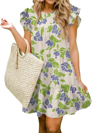 Women Babydoll Summer Casual Crew Neck Ruffle Sleeve Sleeveless Flowy Mini Short Tunic Dress Floral Print Pleated Dress3-Light Green,Large