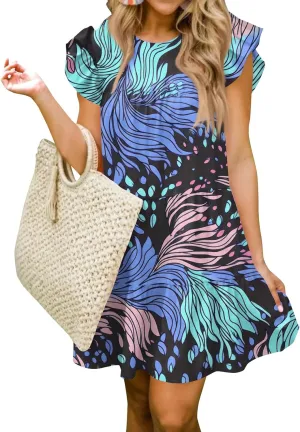 Women Babydoll Summer Casual Crew Neck Ruffle Sleeve Sleeveless Flowy Mini Short Tunic Dress Floral Print Pleated Dress4-Light Blue,Medium