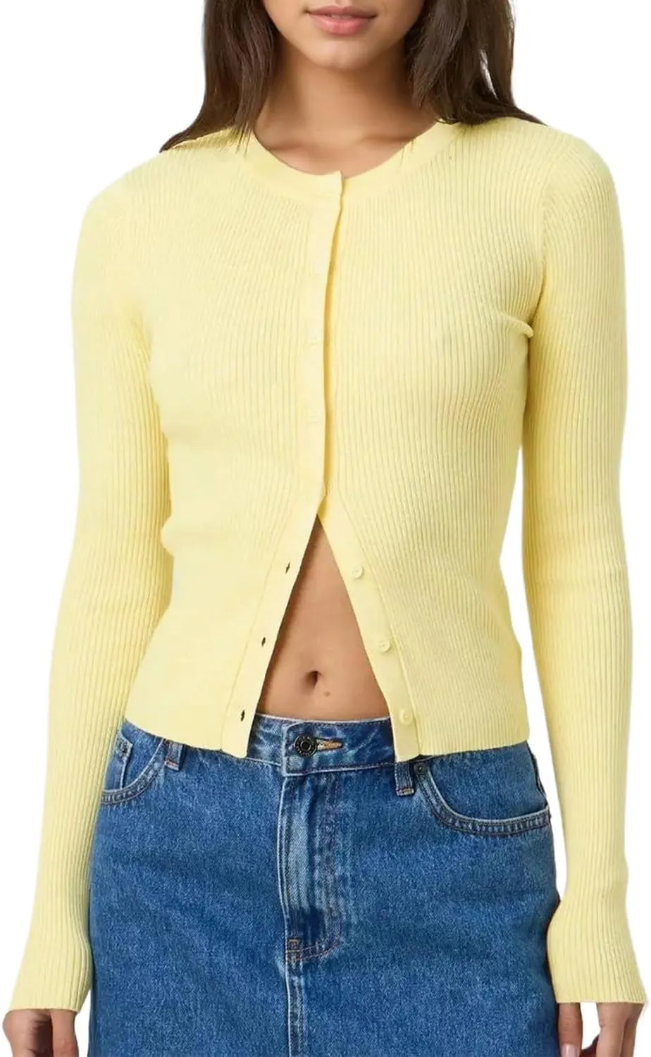 Women Casual Long Sleeve Crewneck Ribbed Knit Crop Cardigan Tight Slim Fit Button Up Sweater Shirts Fall Outfits