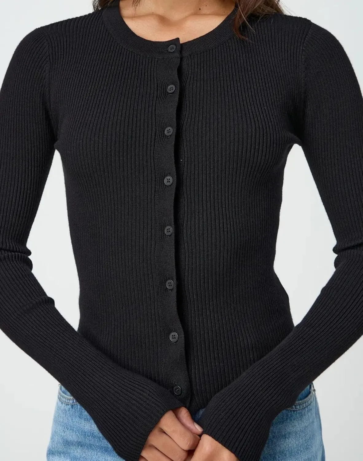 Women Casual Long Sleeve Crewneck Ribbed Knit Crop Cardigan Tight Slim Fit Button Up Sweater Shirts Fall Outfits