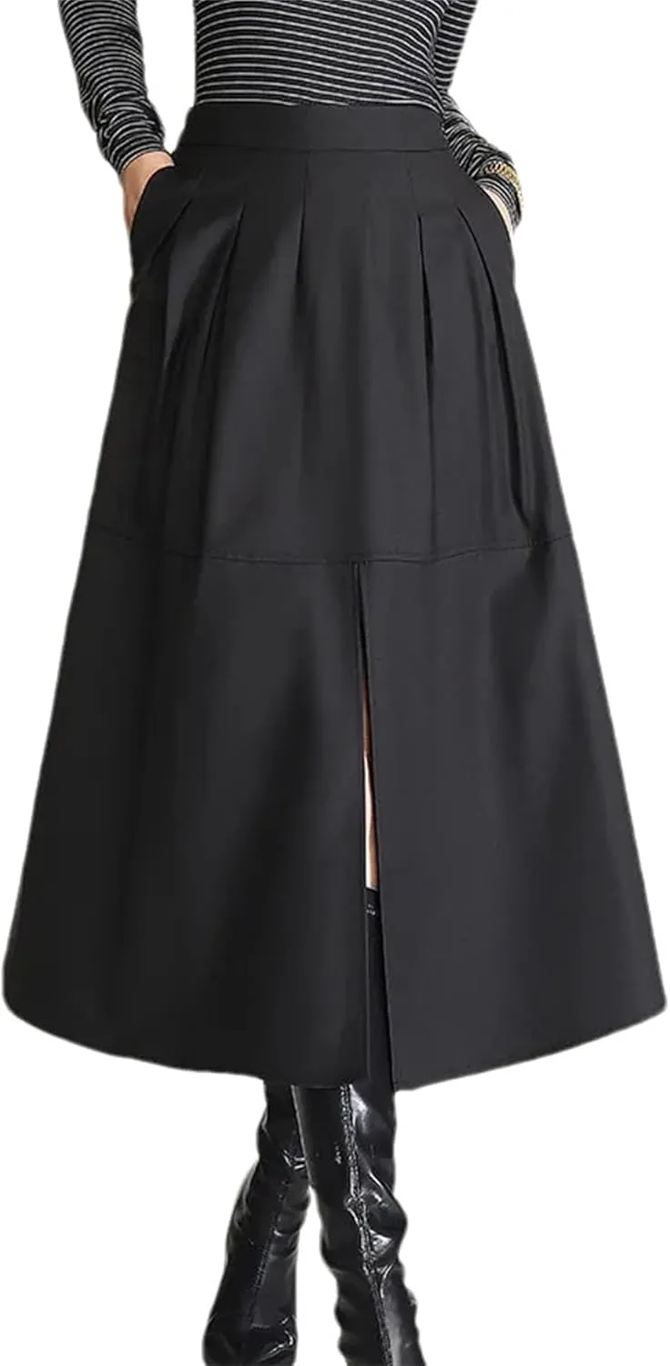Women Elegant Midi Skirts High Waist Casual A Line Umbrella Long Skirt with Slit