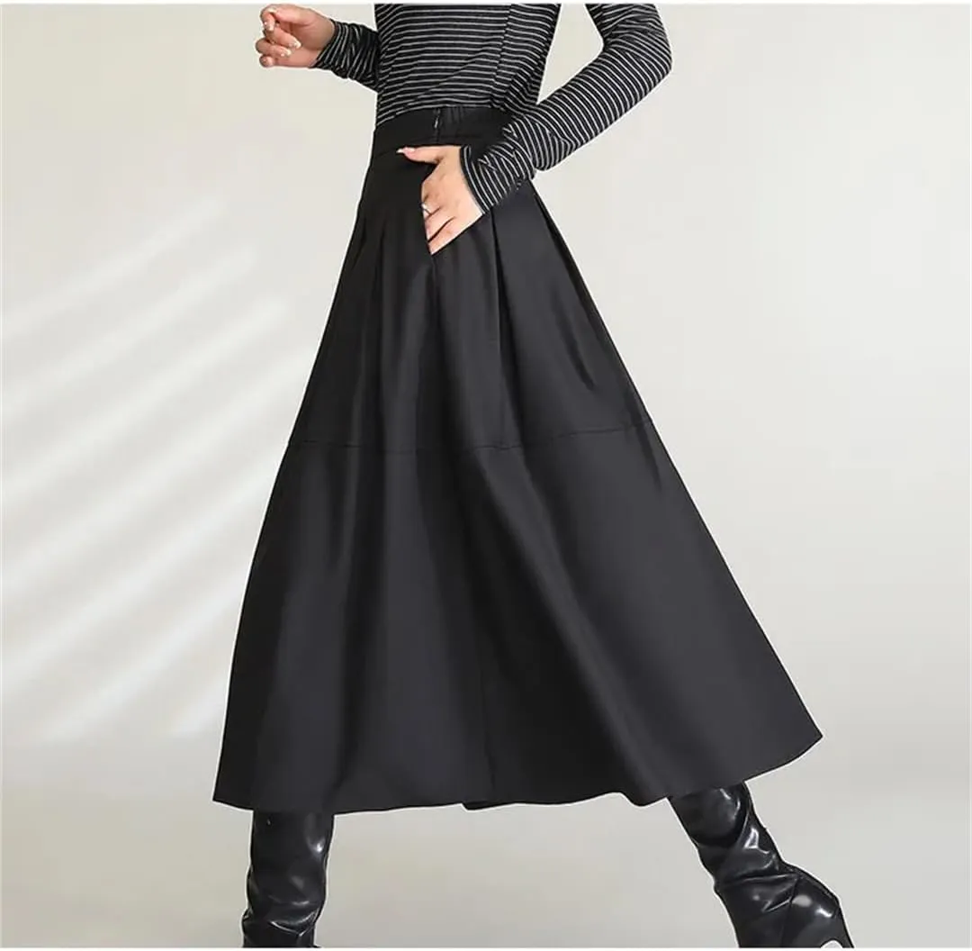 Women Elegant Midi Skirts High Waist Casual A Line Umbrella Long Skirt with Slit