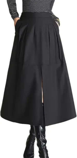 Women Elegant Midi Skirts High Waist Casual A Line Umbrella Long Skirt with Slit