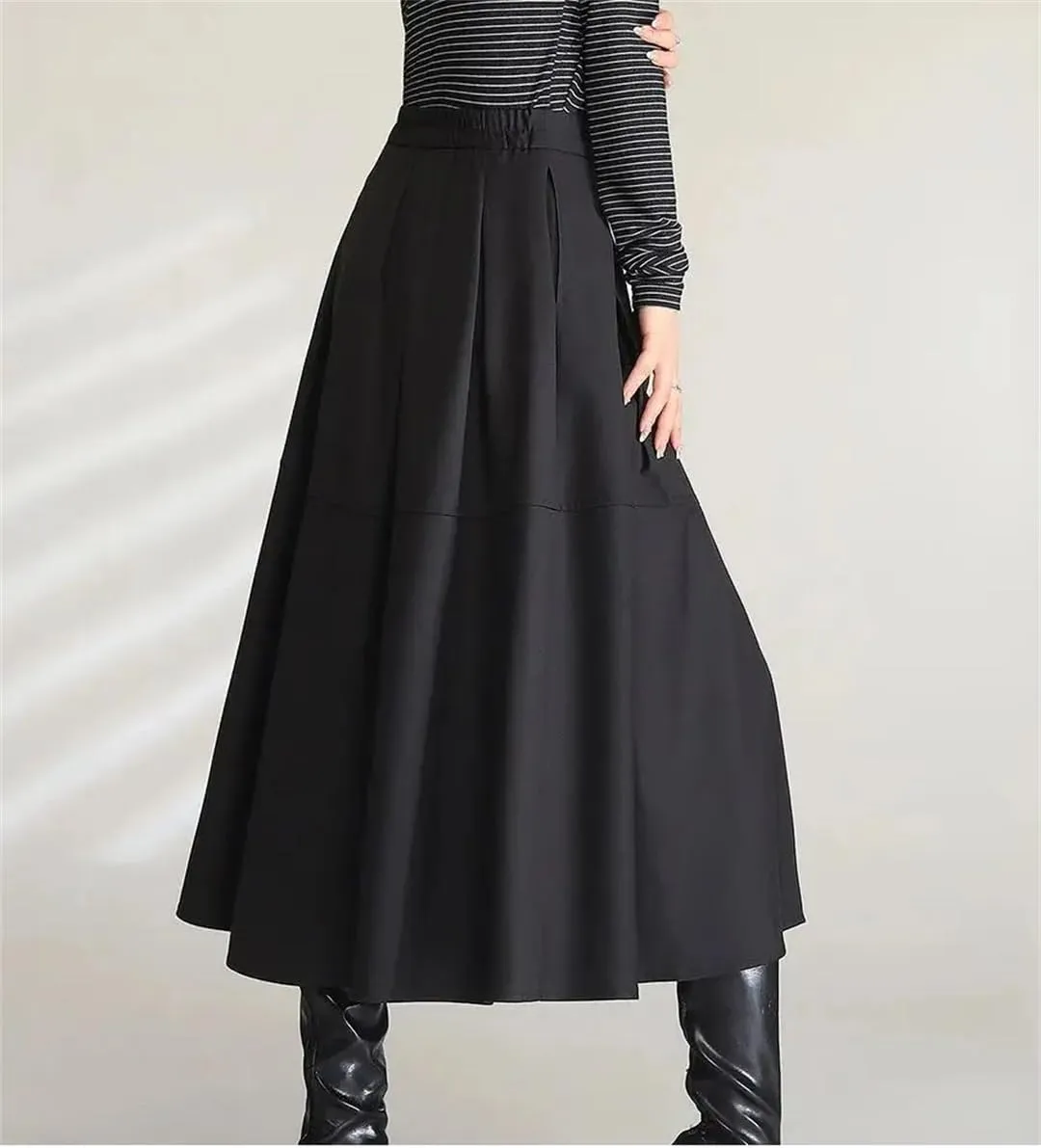 Women Elegant Midi Skirts High Waist Casual A Line Umbrella Long Skirt with Slit