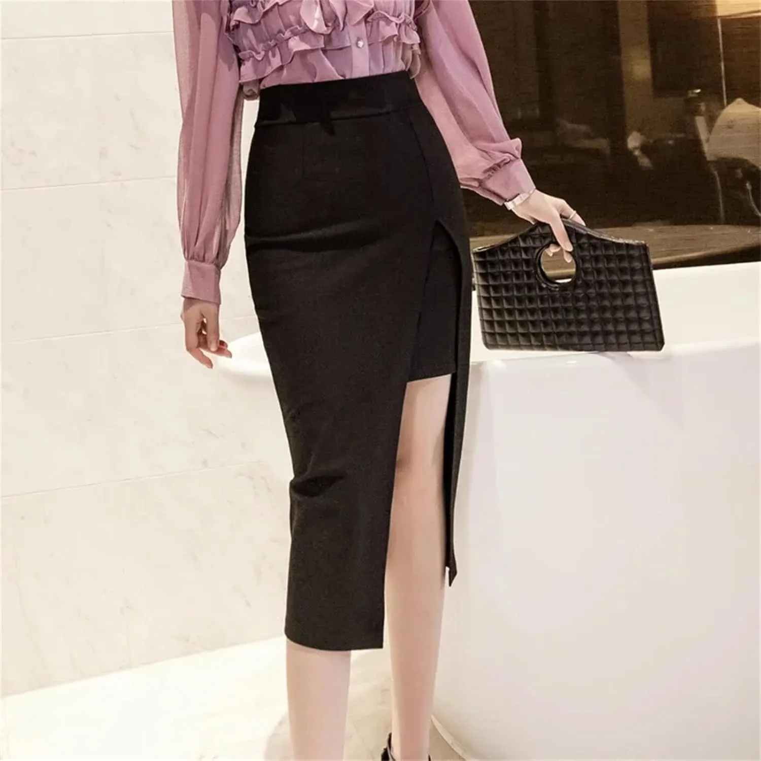 Women High Waist Sexy Midi Skirt Korean Slim Pencil Black Skirt