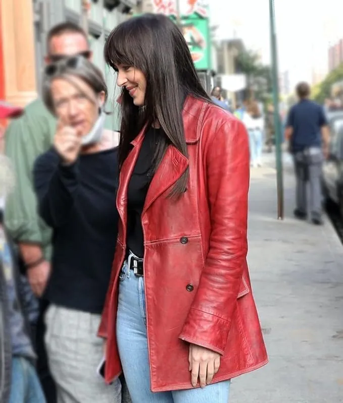 Women Madame Maroon Leather Blazer Dakota Johnson Double Breasted Leather Jacket