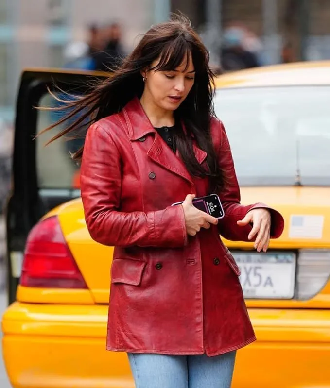Women Madame Maroon Leather Blazer Dakota Johnson Double Breasted Leather Jacket