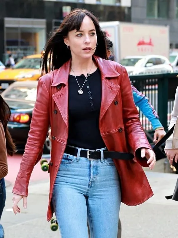 Women Madame Maroon Leather Blazer Dakota Johnson Double Breasted Leather Jacket
