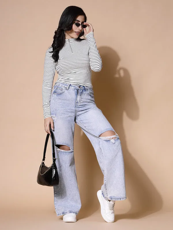 Women White Odour Free Zip Front Stripe Top