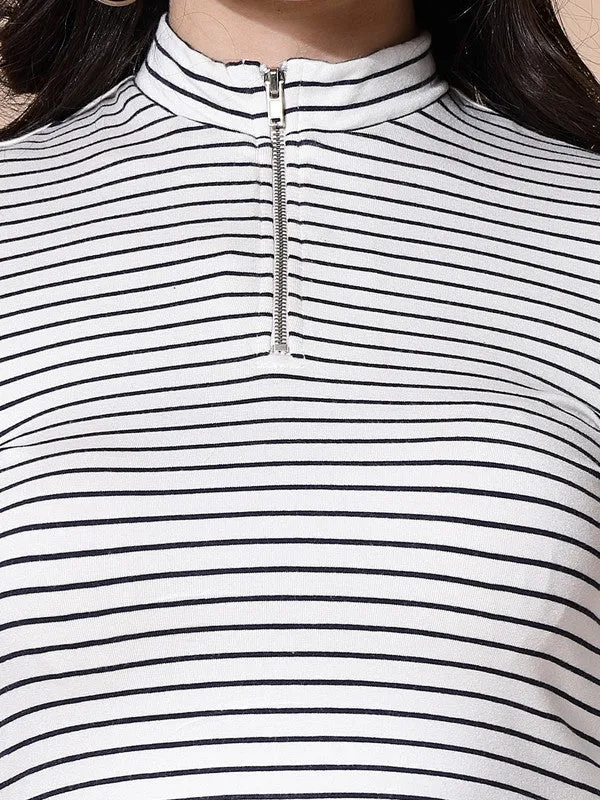 Women White Odour Free Zip Front Stripe Top