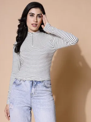 Women White Odour Free Zip Front Stripe Top