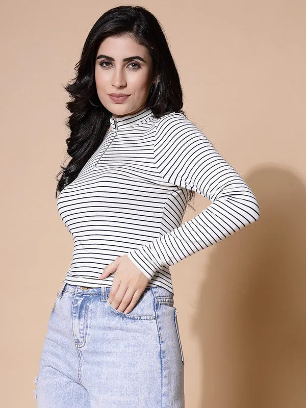 Women White Odour Free Zip Front Stripe Top