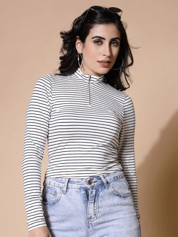 Women White Odour Free Zip Front Stripe Top