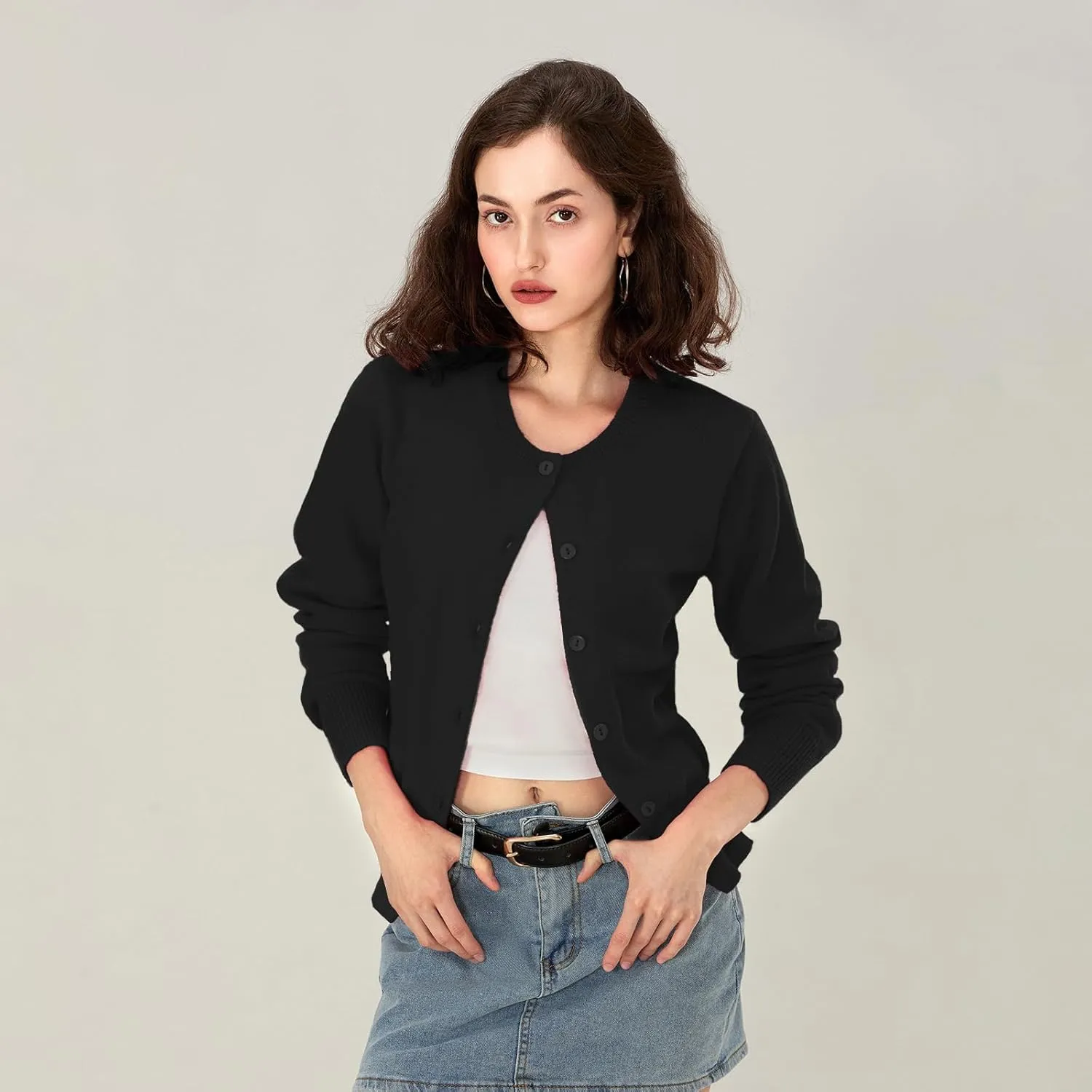 Women Y2k Button Up Cardigan Long Sleeve Knitted Crop Sweater Shirt Crew Neck Cute Solid Fall Knitwear Tops