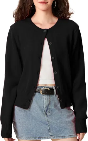 Women Y2k Button Up Cardigan Long Sleeve Knitted Crop Sweater Shirt Crew Neck Cute Solid Fall Knitwear Tops