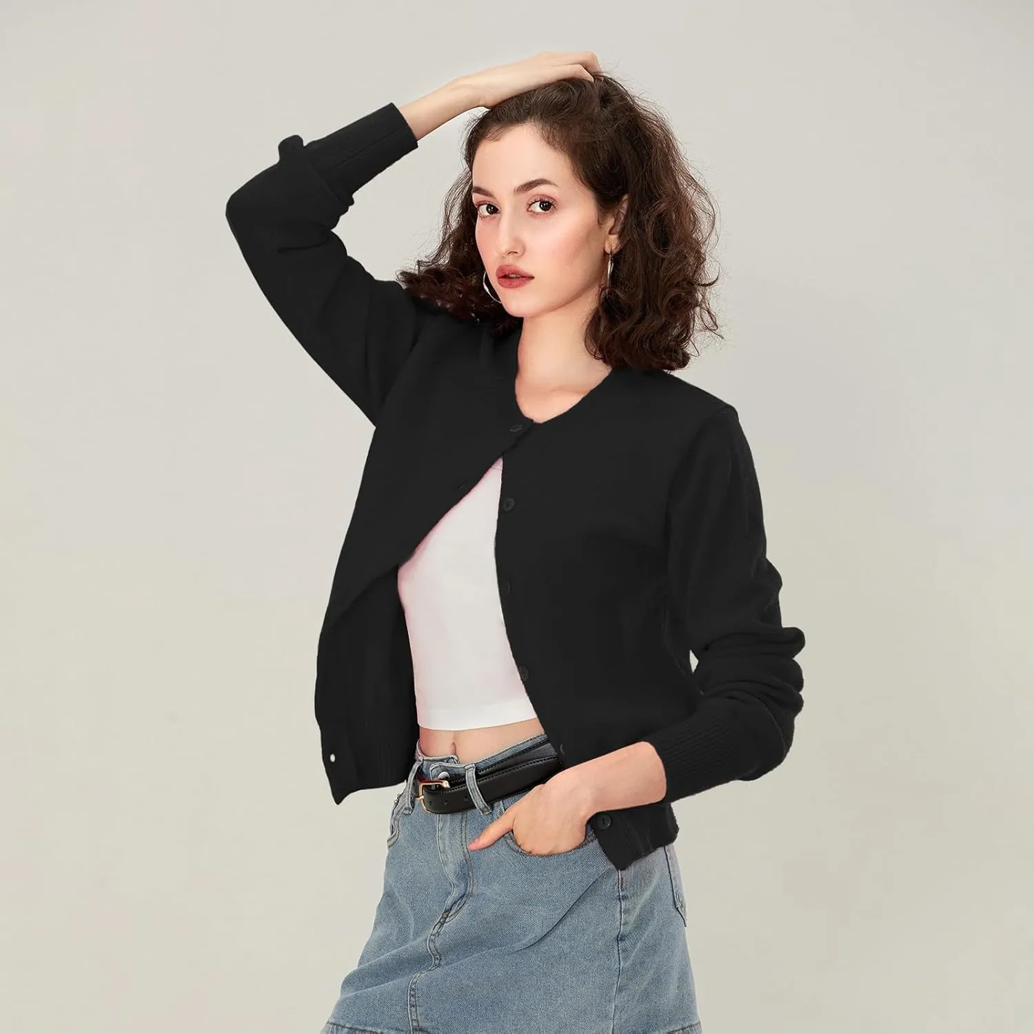 Women Y2k Button Up Cardigan Long Sleeve Knitted Crop Sweater Shirt Crew Neck Cute Solid Fall Knitwear Tops