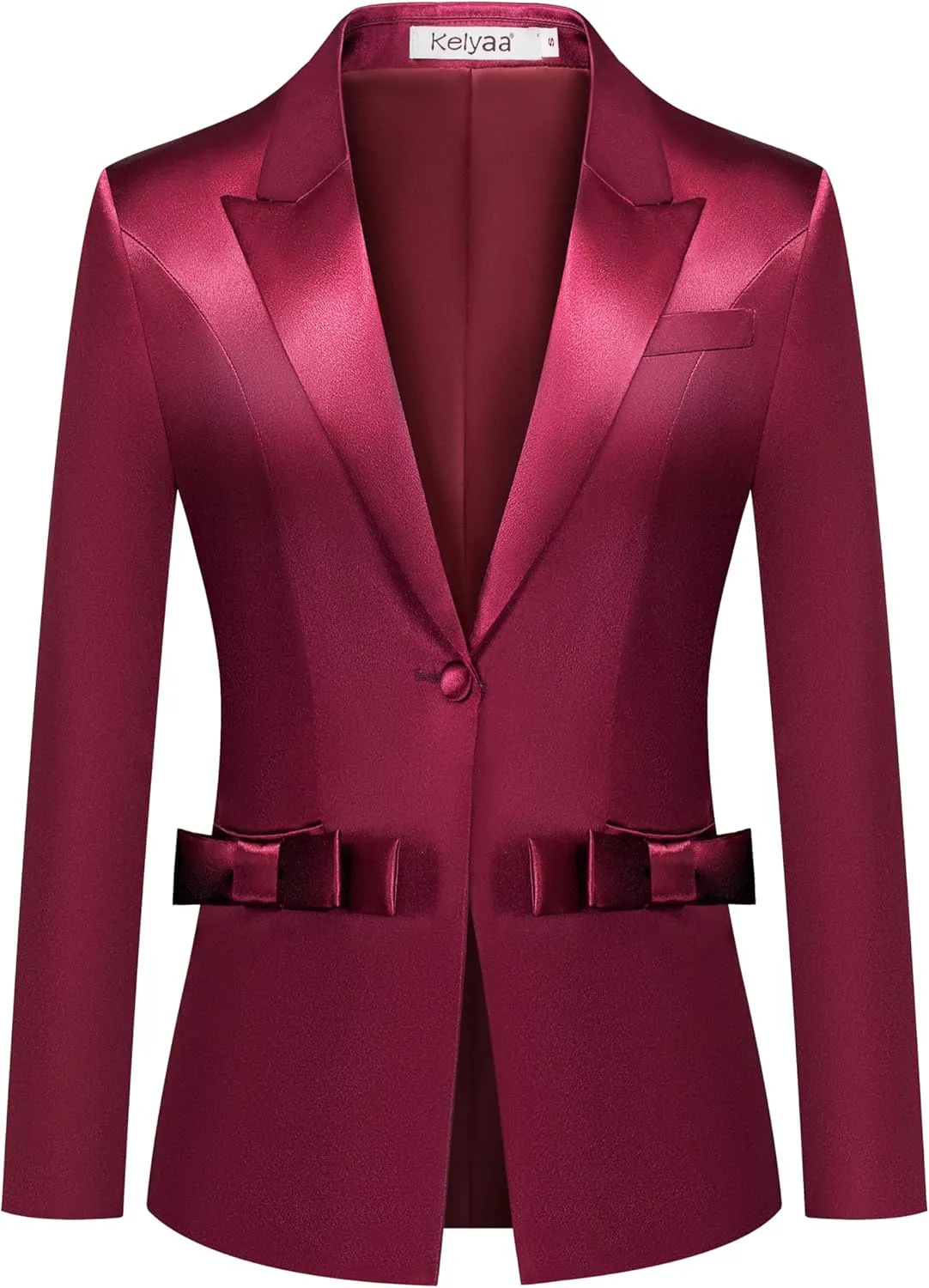 Women's 2 Piece Satin Suit Double Side Bows One Button Peaked Lapel Outfits Party Wedding Blazer Jackets and Pants Set