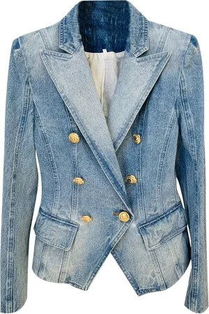 Women's 2025 Designer Jacket Slim Fitting Double Breasted Buttons Denim Blazer Coat