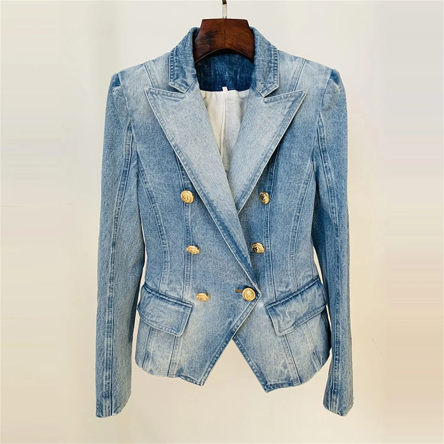 Women's 2025 Designer Jacket Slim Fitting Double Breasted Buttons Denim Blazer Coat