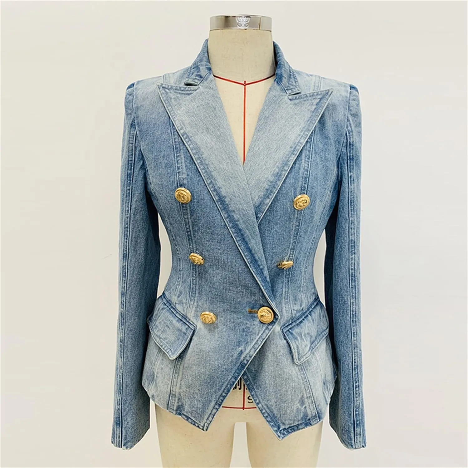 Women's 2025 Designer Jacket Slim Fitting Double Breasted Buttons Denim Blazer Coat