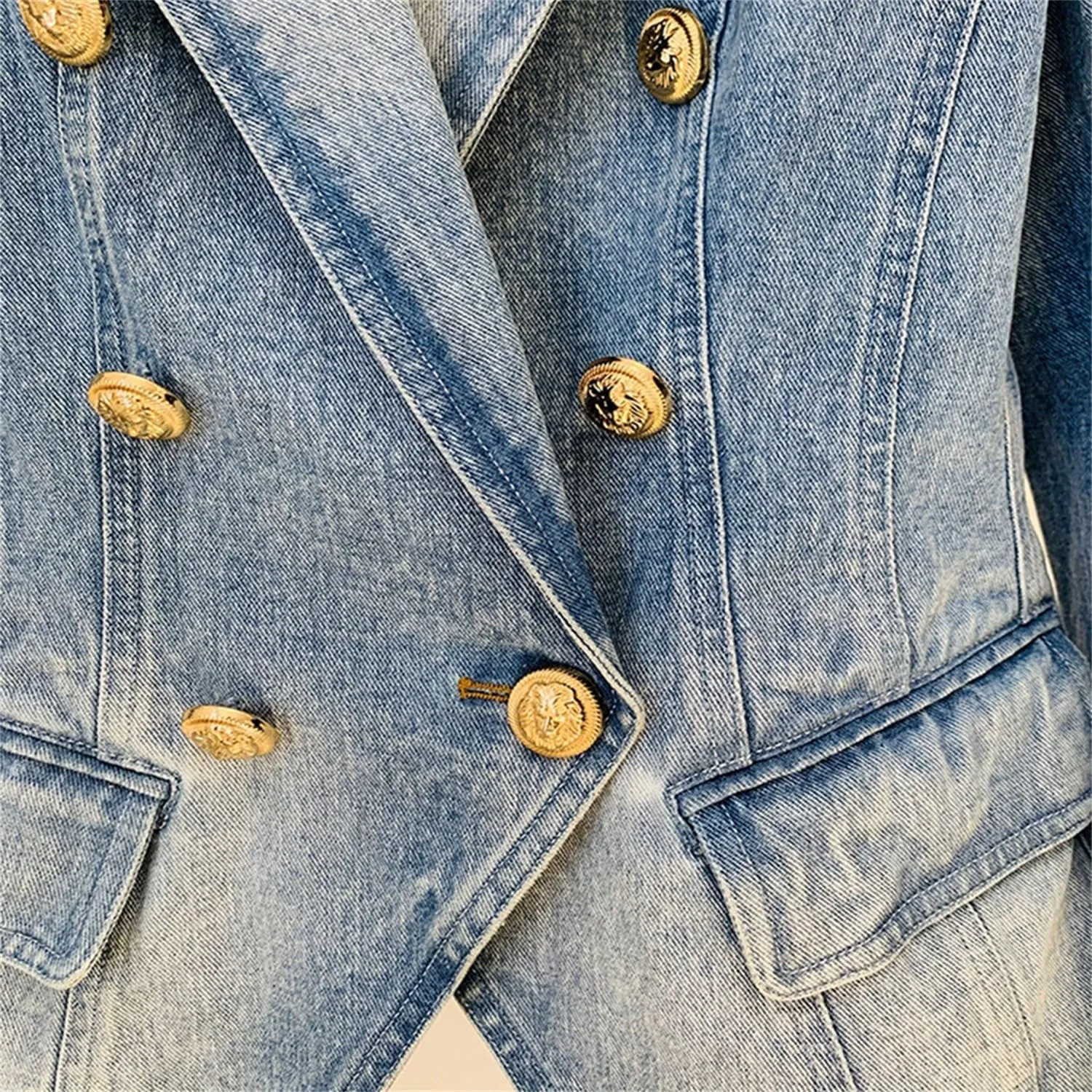Women's 2025 Designer Jacket Slim Fitting Double Breasted Buttons Denim Blazer Coat