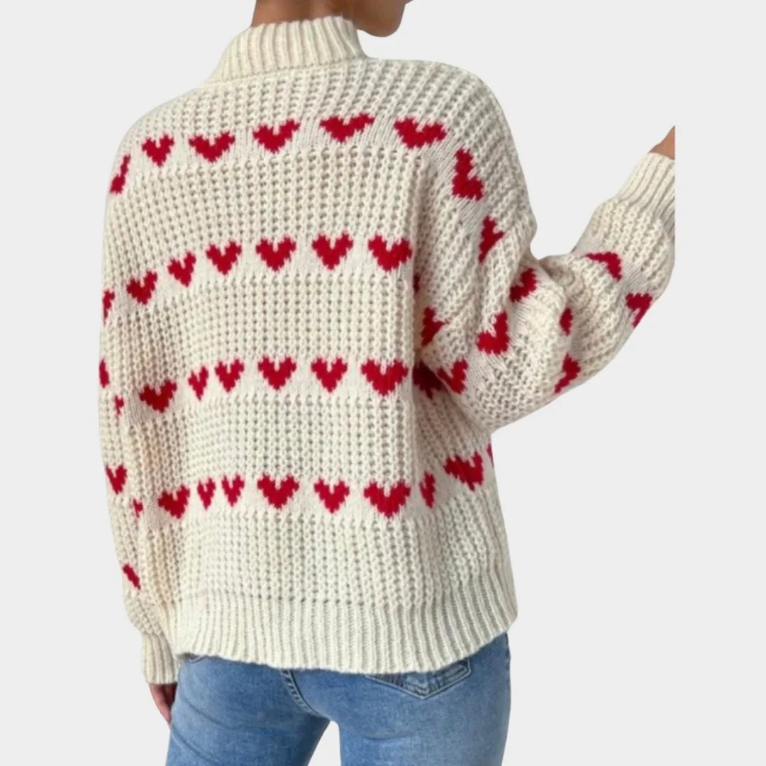 Womens Baggy Knitted Sweater - Love Heart Jacquard, Long Sleeve Mock Neck Pullover, White