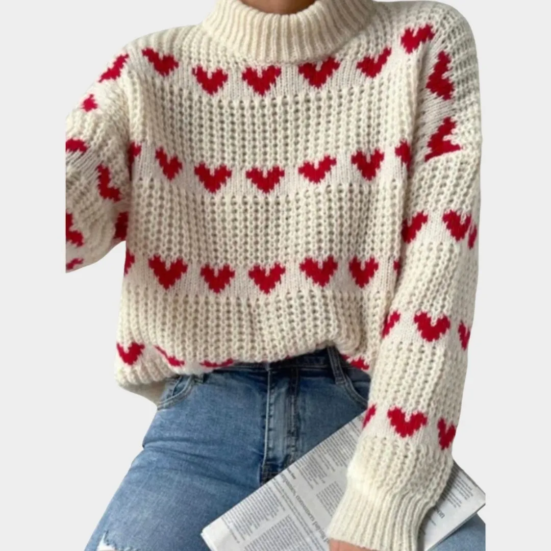 Womens Baggy Knitted Sweater - Love Heart Jacquard, Long Sleeve Mock Neck Pullover, White