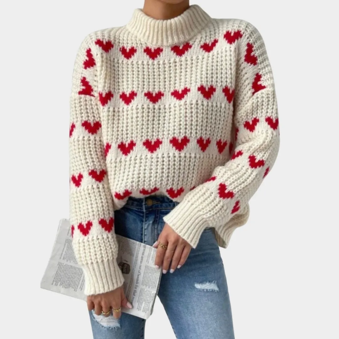 Womens Baggy Knitted Sweater - Love Heart Jacquard, Long Sleeve Mock Neck Pullover, White