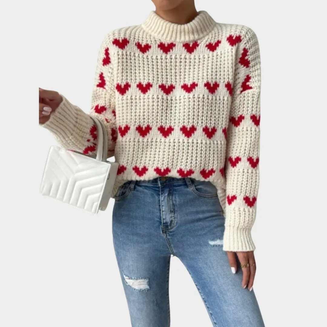 Womens Baggy Knitted Sweater - Love Heart Jacquard, Long Sleeve Mock Neck Pullover, White