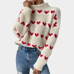Womens Baggy Knitted Sweater - Love Heart Jacquard, Long Sleeve Mock Neck Pullover, White
