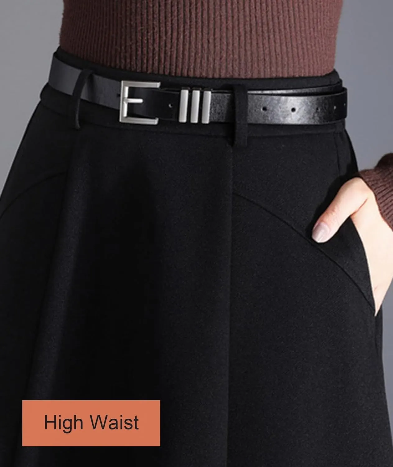Women's Black and Coffee Warm Wool Skirt Trendy A Line Pleated High Waisted Midi Skirt with Pockets
