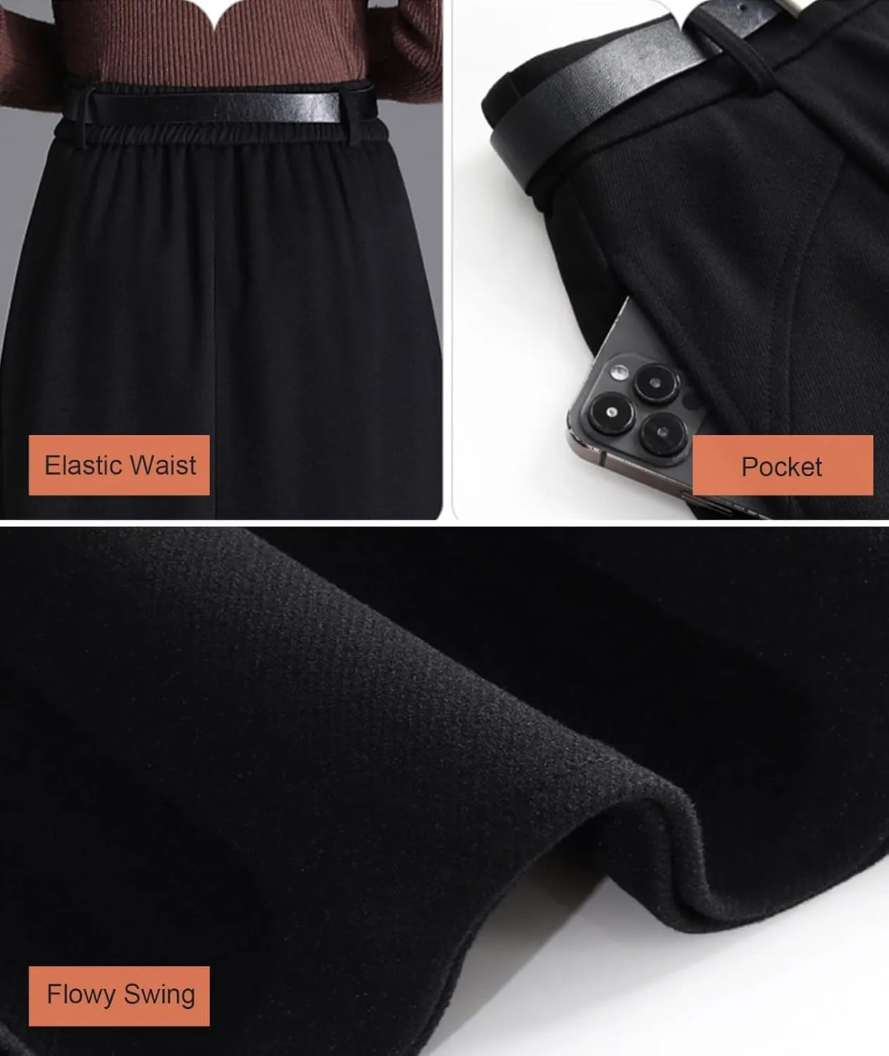 Women's Black and Coffee Warm Wool Skirt Trendy A Line Pleated High Waisted Midi Skirt with Pockets
