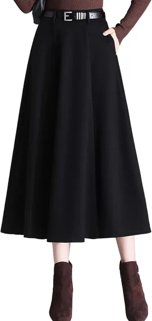 Women's Black and Coffee Warm Wool Skirt Trendy A Line Pleated High Waisted Midi Skirt with Pockets