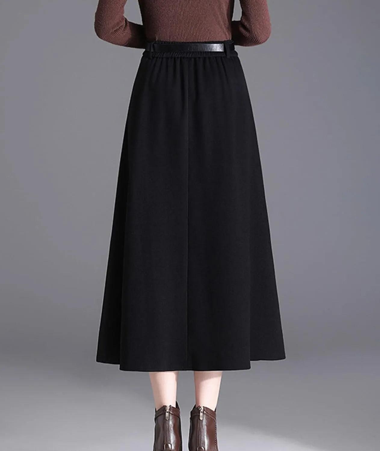 Women's Black and Coffee Warm Wool Skirt Trendy A Line Pleated High Waisted Midi Skirt with Pockets