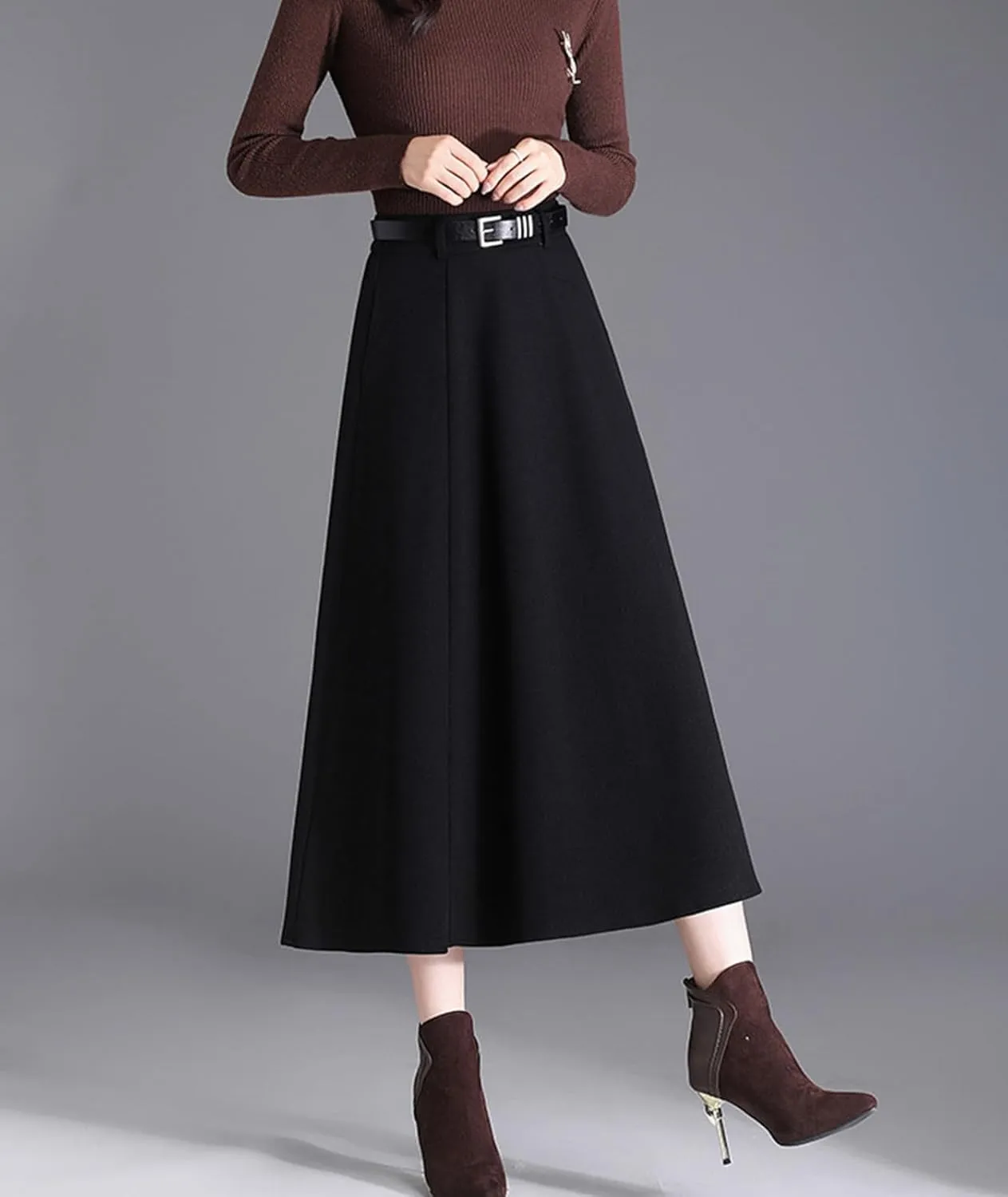Women's Black and Coffee Warm Wool Skirt Trendy A Line Pleated High Waisted Midi Skirt with Pockets