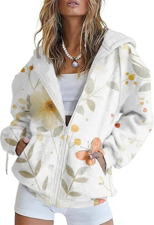 Women's Butterfly Graphic Hoodies Oversized Zip Up Sweatshirts Long Sleeve Fall Vintage Novelty Hoodies with Pockets