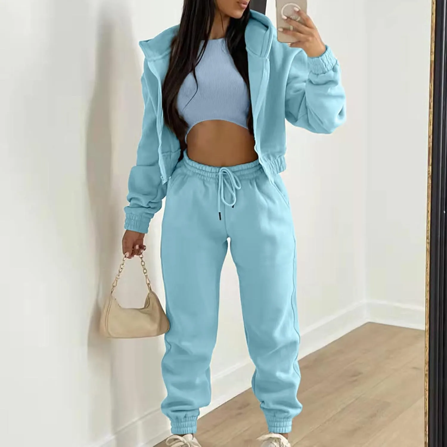 Women's Casual Tracksuit 3 Piece Outfits Sets Solid Color Zipper Hooded Sweatshirt Pants and Top Vest Jogger Outfits