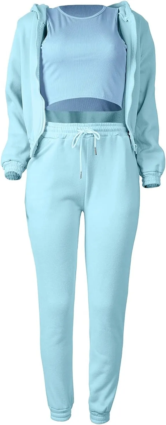 Women's Casual Tracksuit 3 Piece Outfits Sets Solid Color Zipper Hooded Sweatshirt Pants and Top Vest Jogger Outfits