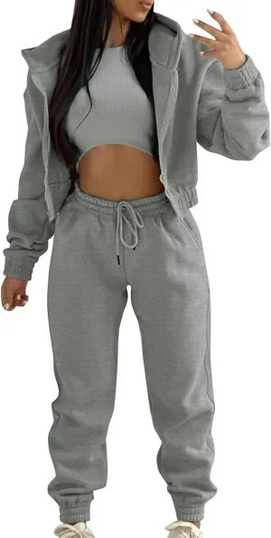Women's Casual Tracksuit 3 Piece Outfits Sets Solid Color Zipper Hooded Sweatshirt Pants and Top Vest Jogger Outfits