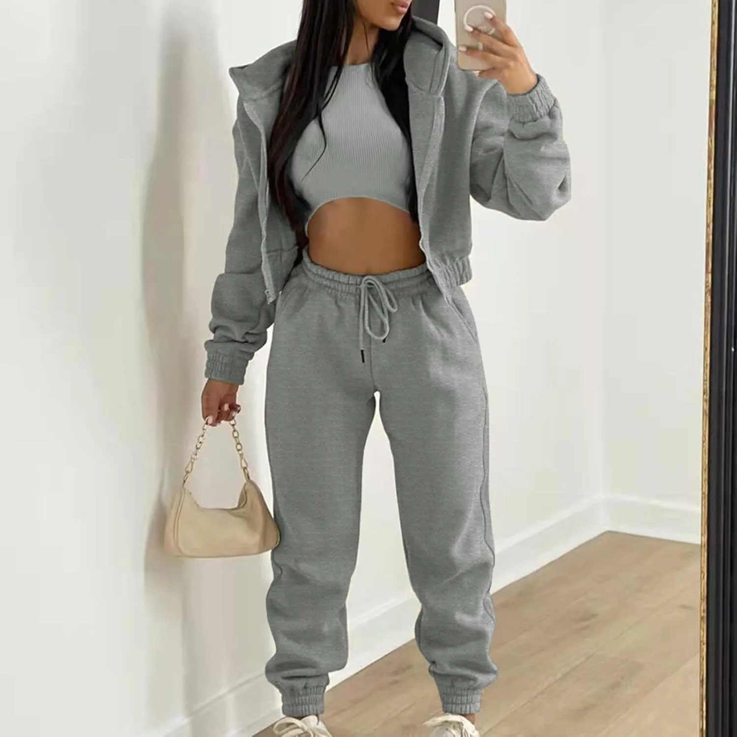 Women's Casual Tracksuit 3 Piece Outfits Sets Solid Color Zipper Hooded Sweatshirt Pants and Top Vest Jogger Outfits