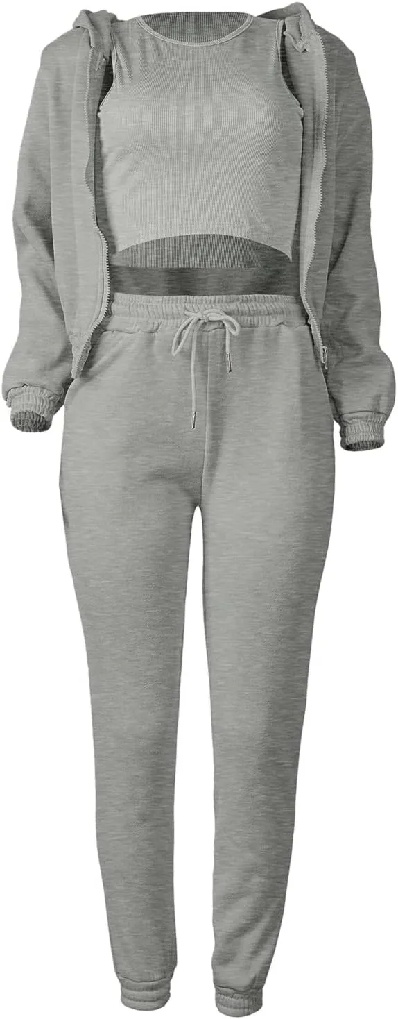 Women's Casual Tracksuit 3 Piece Outfits Sets Solid Color Zipper Hooded Sweatshirt Pants and Top Vest Jogger Outfits