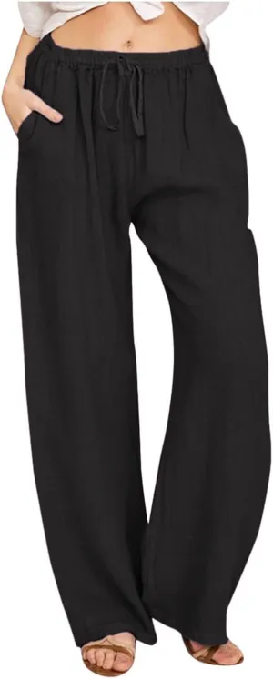 Womens Cotton Linen Pants Elastic High Waisted Palazzo Pants Wide Leg Long Lounge Pant Casual Trousers with Pocket